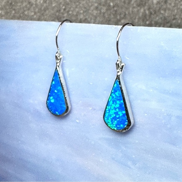 Sterling Silver Blue Opal Inlay Teardrop Dangle Earrings Blue Teardrop 4366 B - Picture 2 of 7